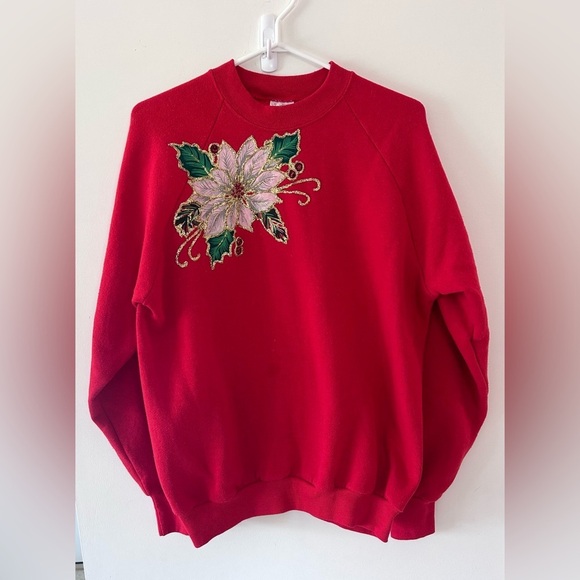 VINTAGE Fruit of the Loom Crewneck Sweatshirt Sparkle puff paint Floral Design - Picture 2 of 7